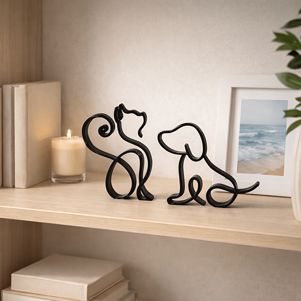 TEMU Set de Minimalistas Lineal de Gato y Perro, Adorno de Mesa Moderno para Decoración del Hogar, Negro o , Regalo para Amantes de las Mascotas