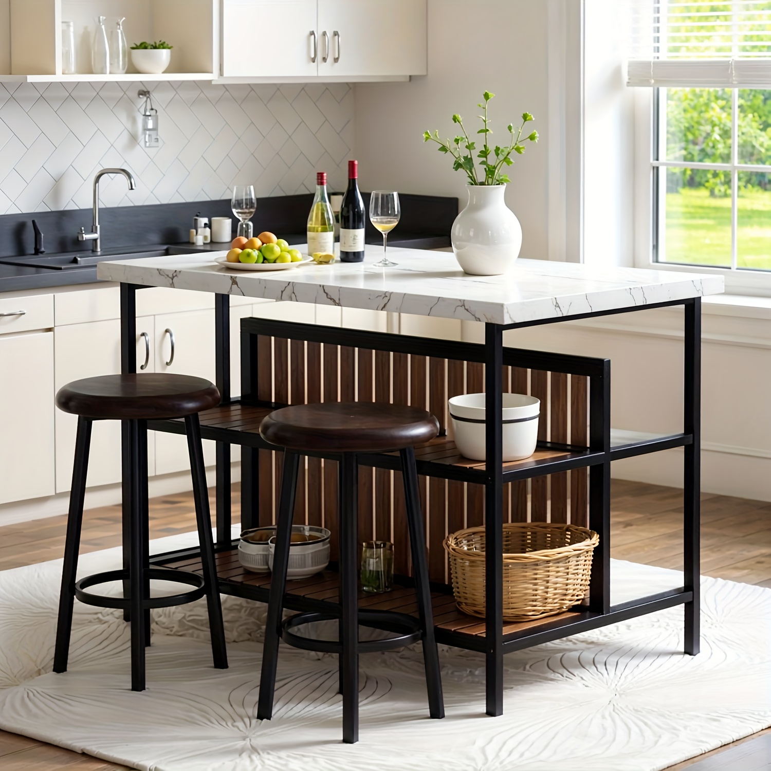 TEMU 3pcs Kitchen Island Set With 2 Bar Stools, Modern Contemporary Style Dining Room Table And Chair Set With 2-tier Storage Shelves, Counter Height