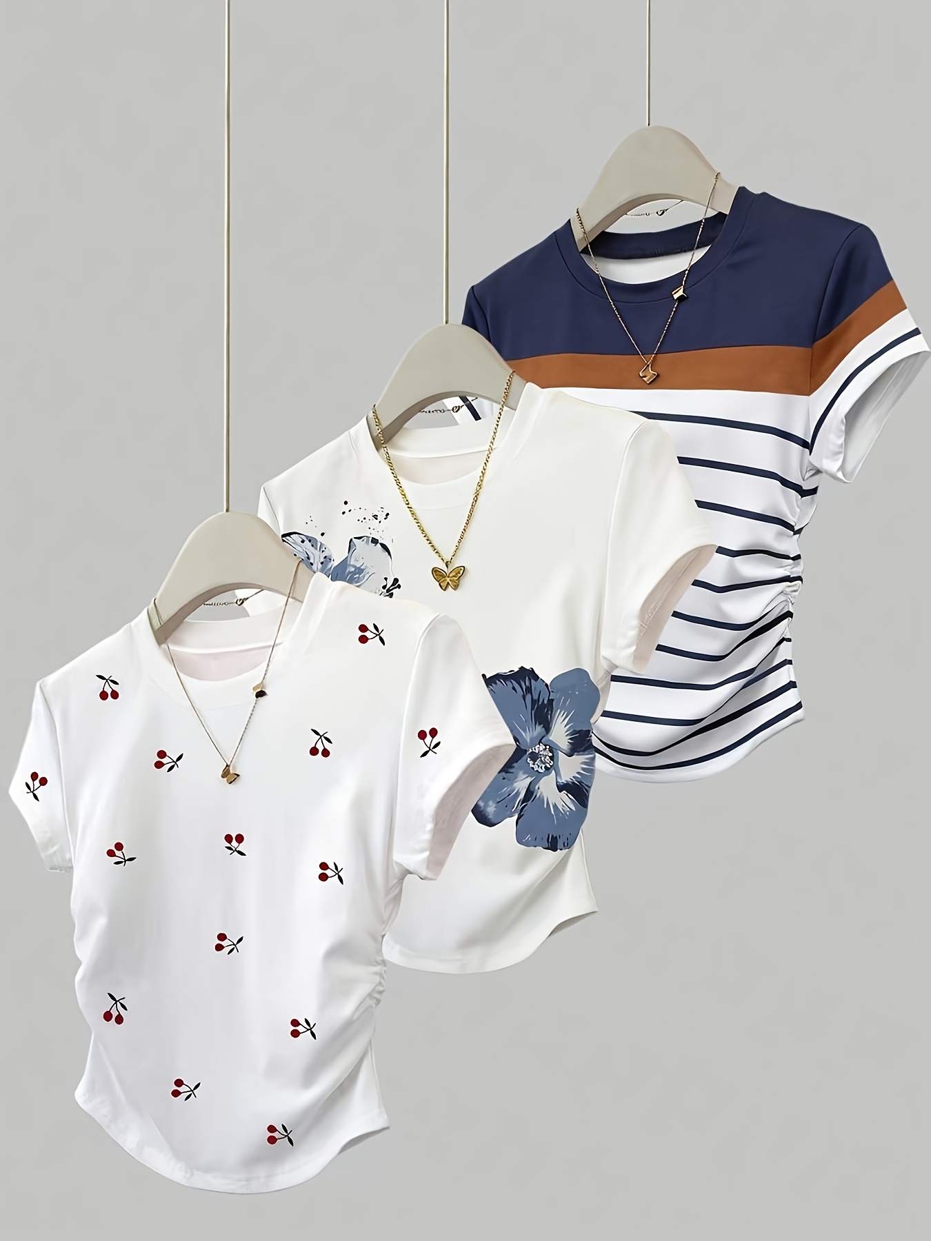 juego de 3 camisetas     para mujer, casuales, estampadas, bonitas, plisadas, cortas, entalladas, de manga corta y cuello  , camiseta estampada, ropa de     y de moda