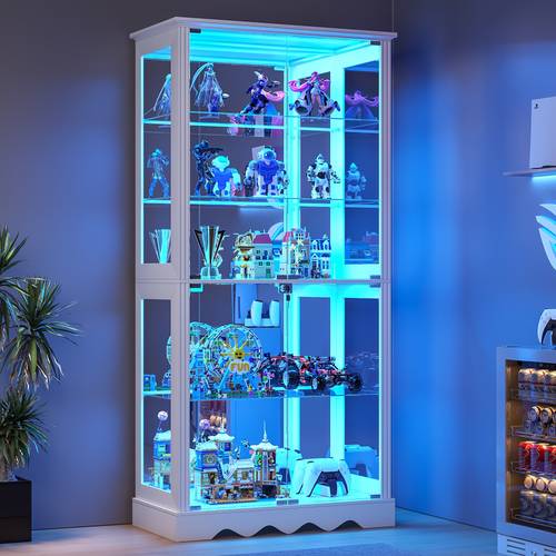 display cabinet with glass doors 71 tall with rgb lights for collectibles led display case with removable shelf for book medal figure black and white