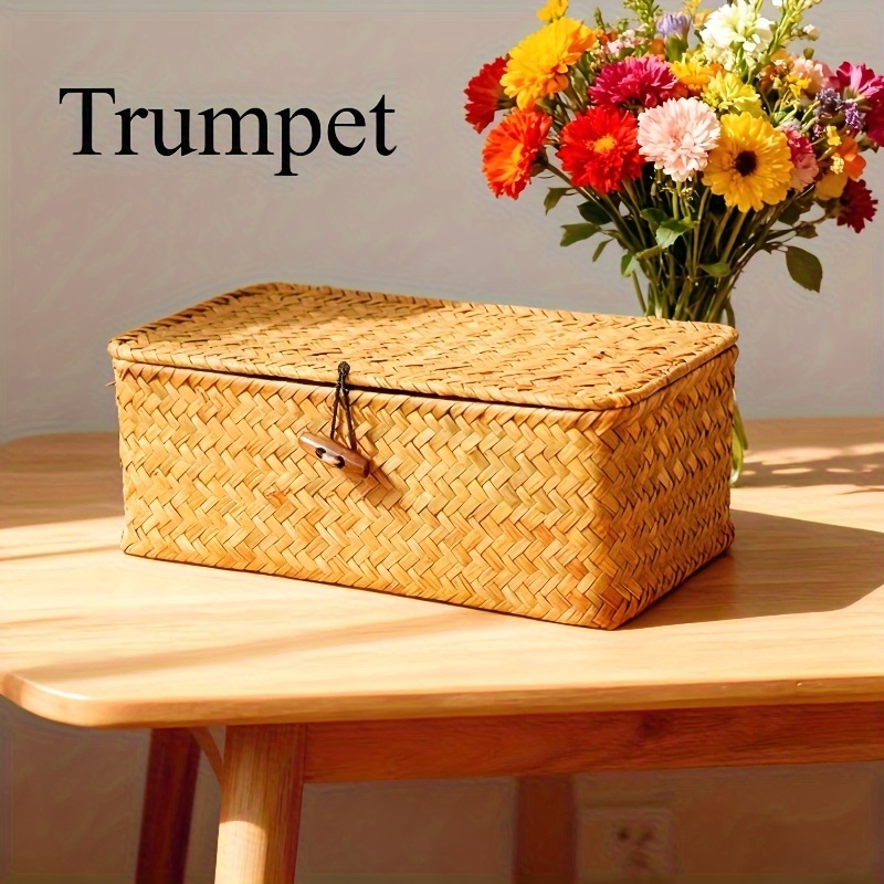 Image of 1pc Vintage Hand Woven Storage Rack Basket, Makeup Gift Organizer Box, 2pcs Color Options Desktop Miscellaneous Storage Box, Strap Flat Cover Woven Storage Basket
