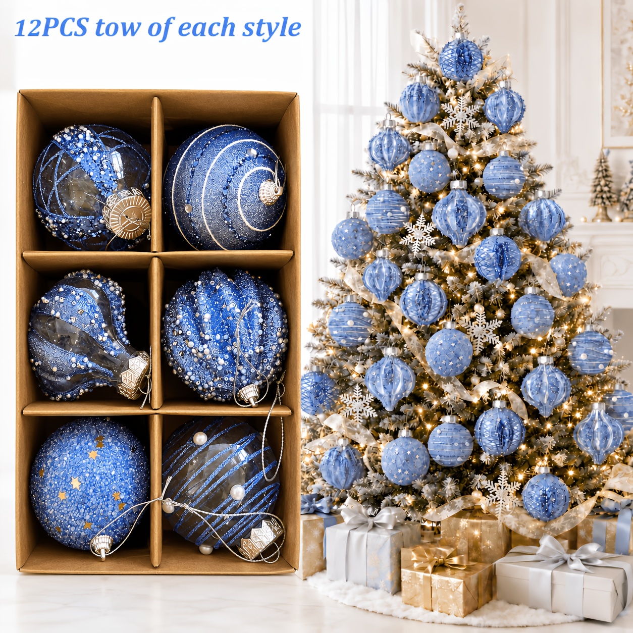 TEMU 12pcs Blue Christmas Ornament Ball Set, Luxury Textured Shatterproof Christmas Baubles, Elegant Hanging Tree Ornaments For Xmas Wreath, Mantel,