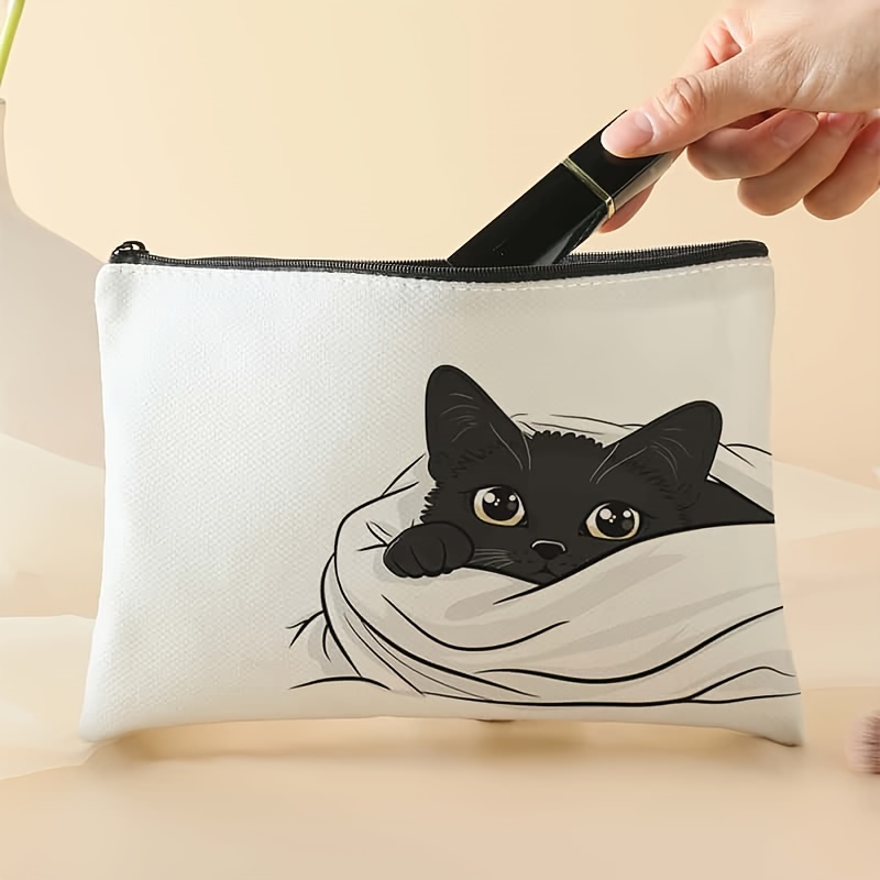 

Lazy Black Cat Print Cosmetic Bag, Polyester Travel Pouch For Toiletries, Makeup Organizer, Portable Storage Case For Travel And Daily Use