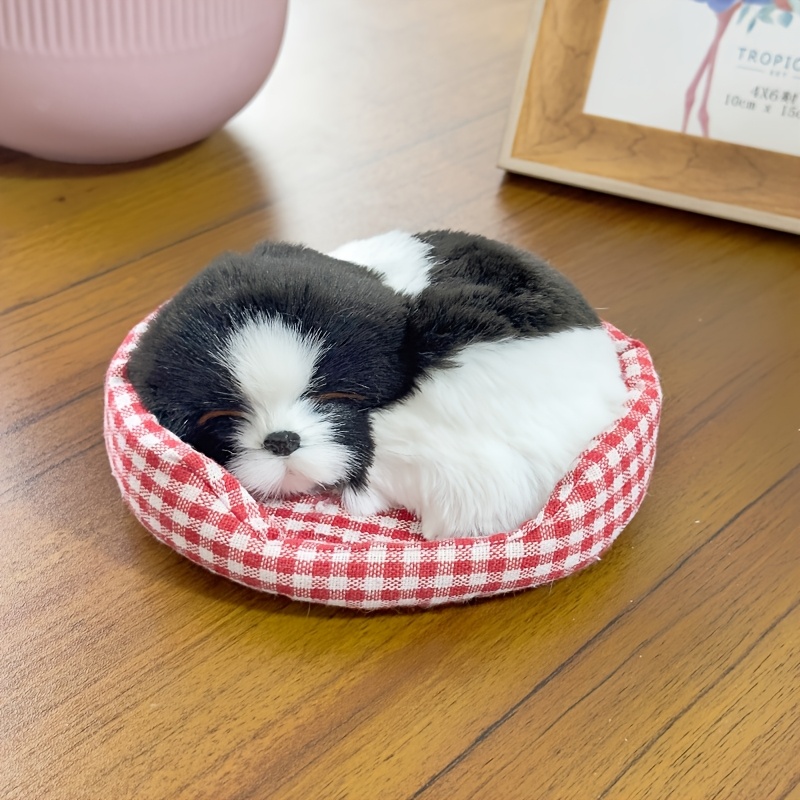 TEMU Statuetta realistica di cucciolo addormentato con letto, mini statua realistica per cani in pelliccia, ornamento decorativo per esposizione da