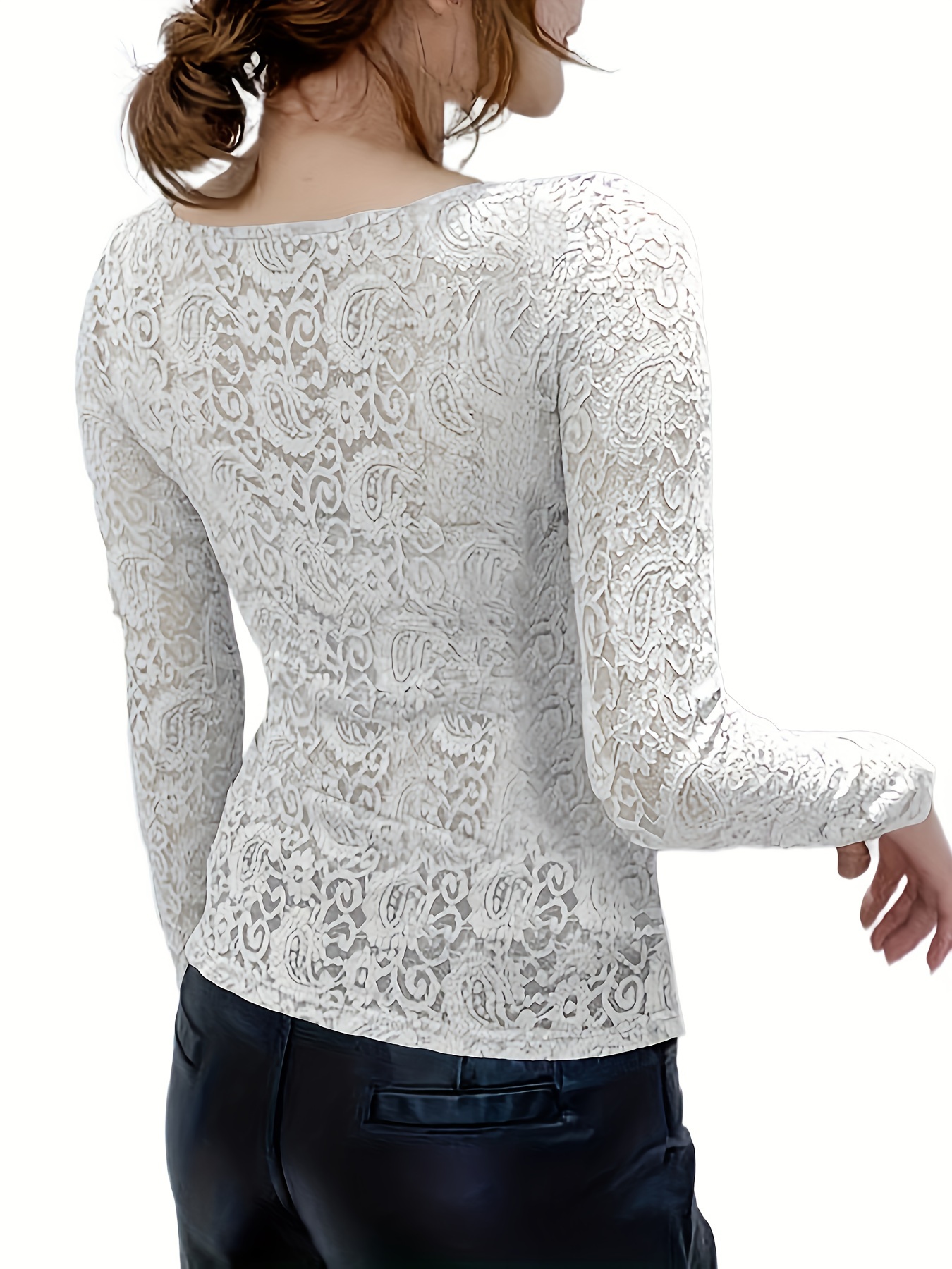 elegant lace long sleeve top women stretchy square neckline