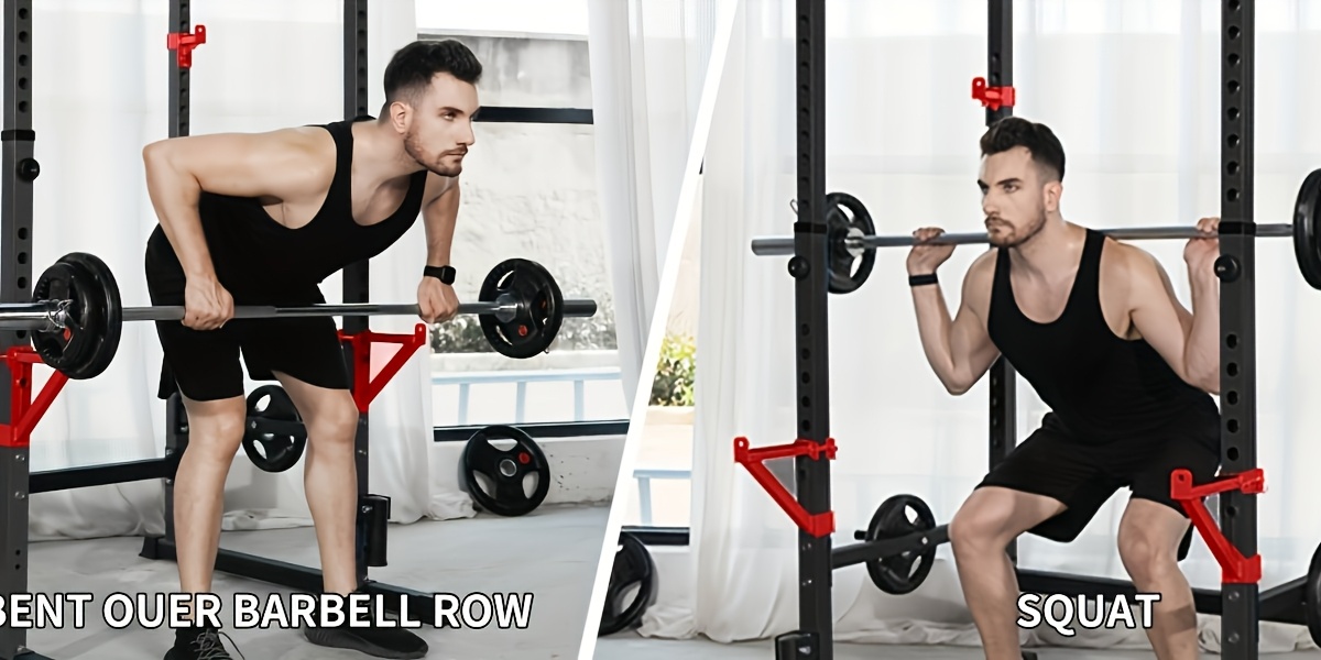 Two images of a man performing barbell exercises in a gym setting.