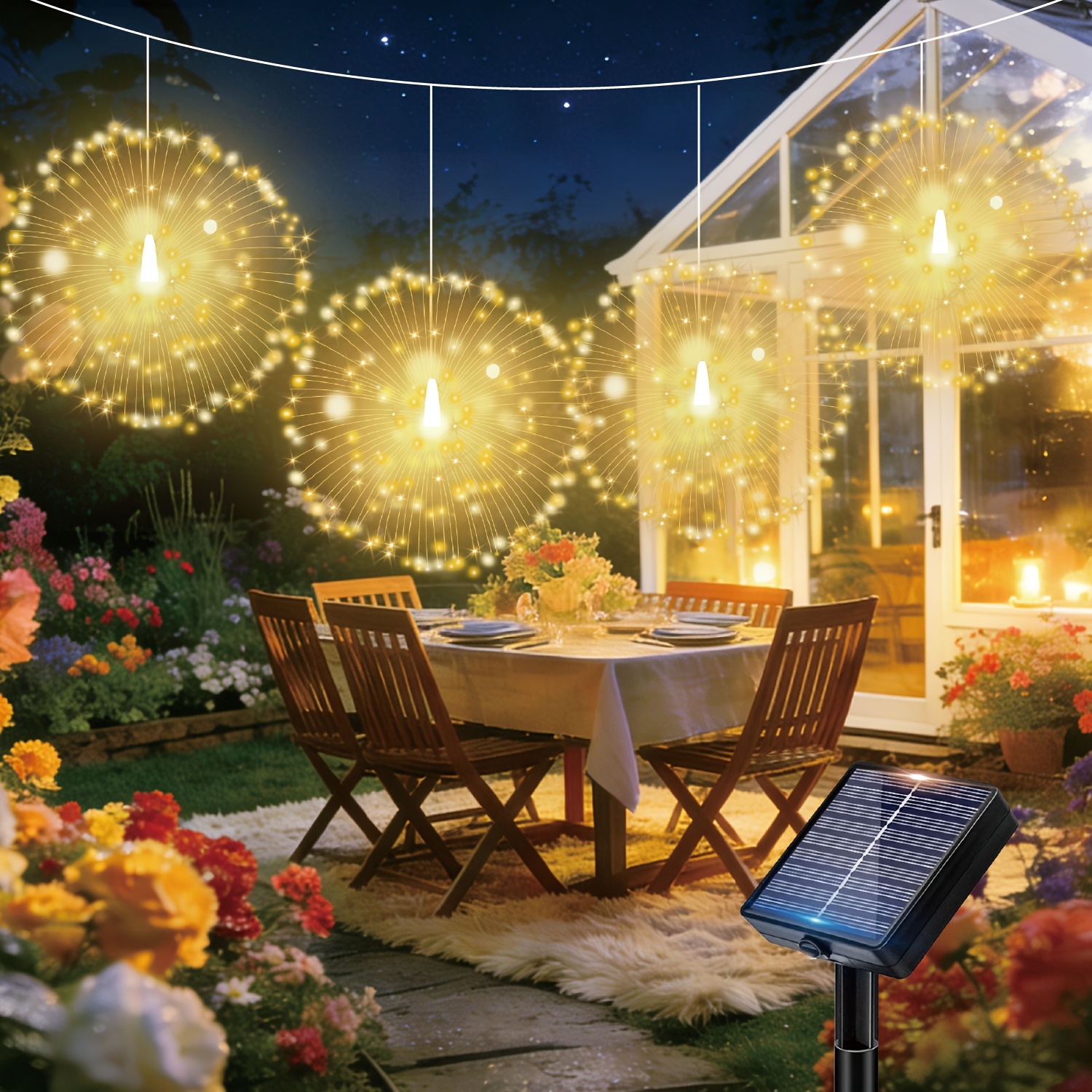 E-shop 360/180 LED Solar Lichter, 2/4 Stück Outdoor Lichterketten, 12 Blinkmodi Garten Lichterkette, Geeignet für Hof, Pavillon, Dachräume, Veranda,