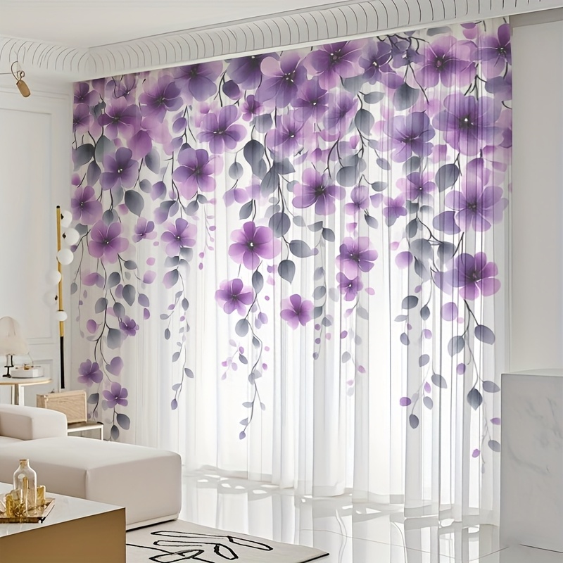 TEMU 2pcs Semi-transparent Sheer Curtains, Purple Floral Print Elegant Style Fresh , Suitable For Living Room, Bedroom, Study, Dining Room, Office,