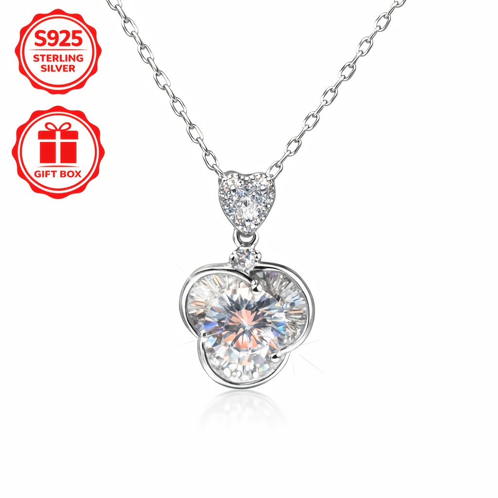 TEMU 925 Sterling 925 Silver Floral Moissanite (1ct Tw) Pendant Necklace For Lady, Fashion With Sparkling Moissanite, Hypoallergenic, , Ideal For