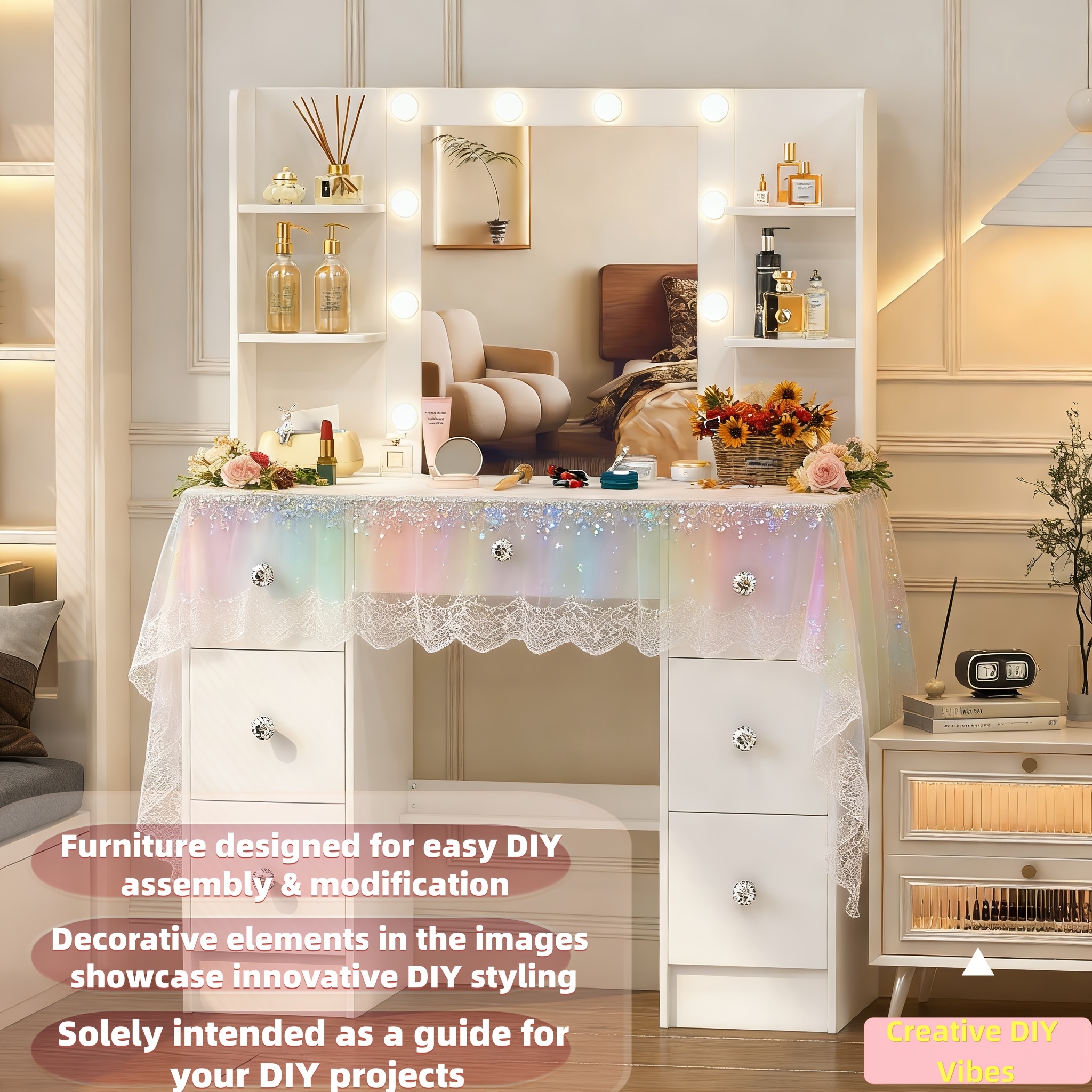 DIY-Friendly Modern Nordic Solid Wood Desk with Adjustable Lighting & LED Mirror