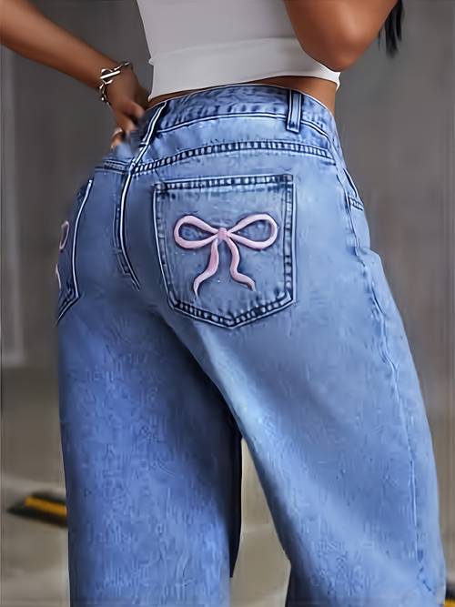 fashionable blue loose fit jeans for women plain washed denim pants with secure zipper button closure practical slash pockets stylish and comfortable womens denim clothing