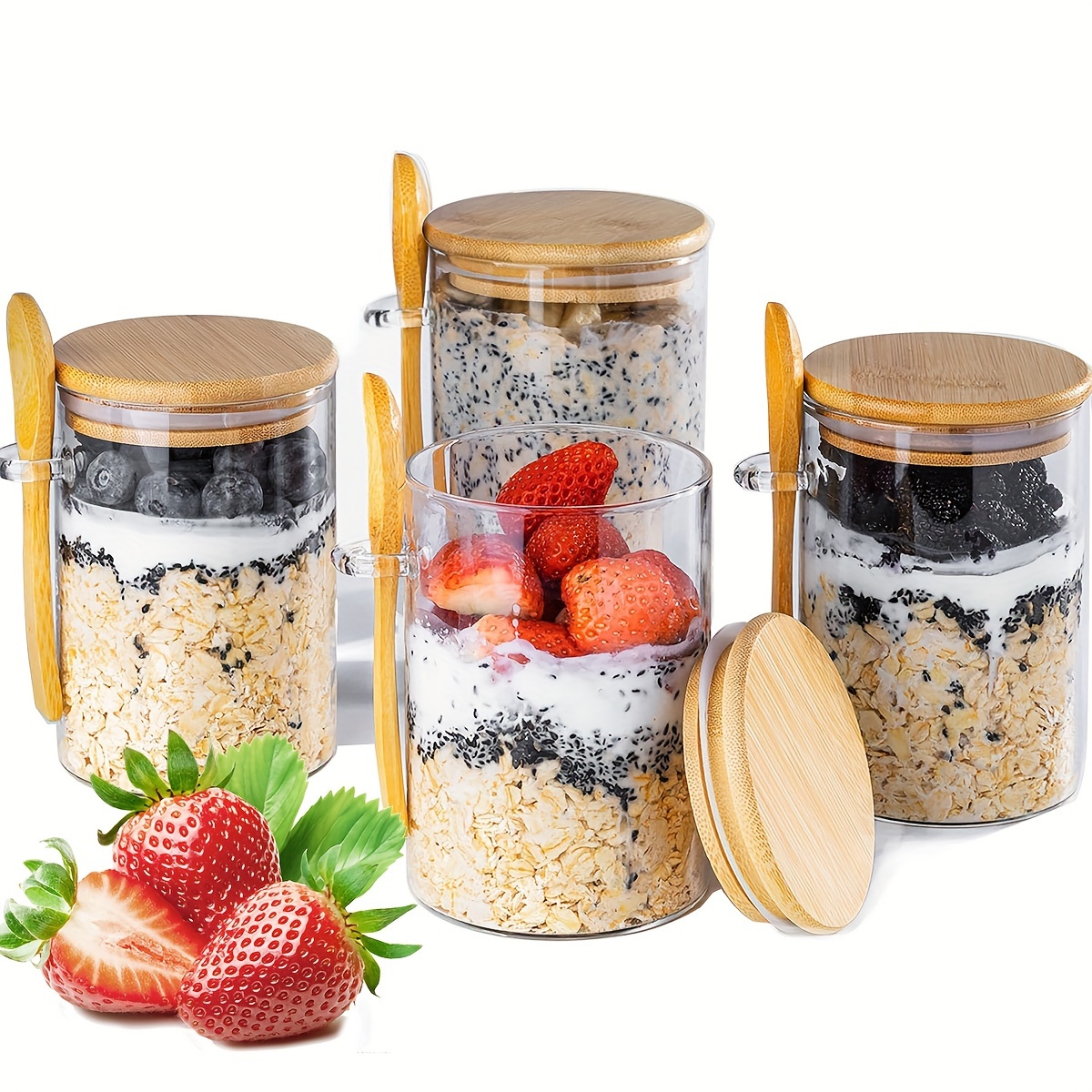 

16oz Oatmeal Cup, Salad Cup, Oatmeal Jar, Oatmeal Cup, Meal Preparation Container, With Lid And Spoon, Glass Jar, Can Hold Chia Seeds, Pudding, Yogurt, Salad, Oatmeal