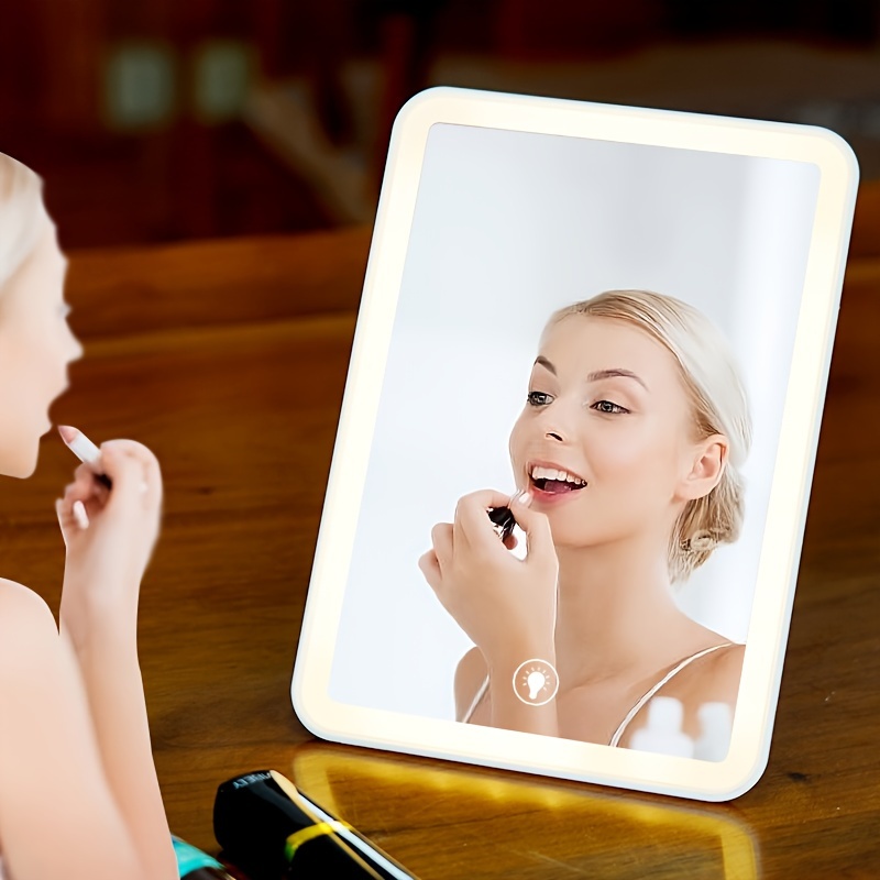  Espejo de maquillaje con pantalla táctil, espejo de tocador con  luces, espejos de maquillaje portátiles con brillo LED, espejo ajustable  con USB recargable : Belleza y Cuidado Personal