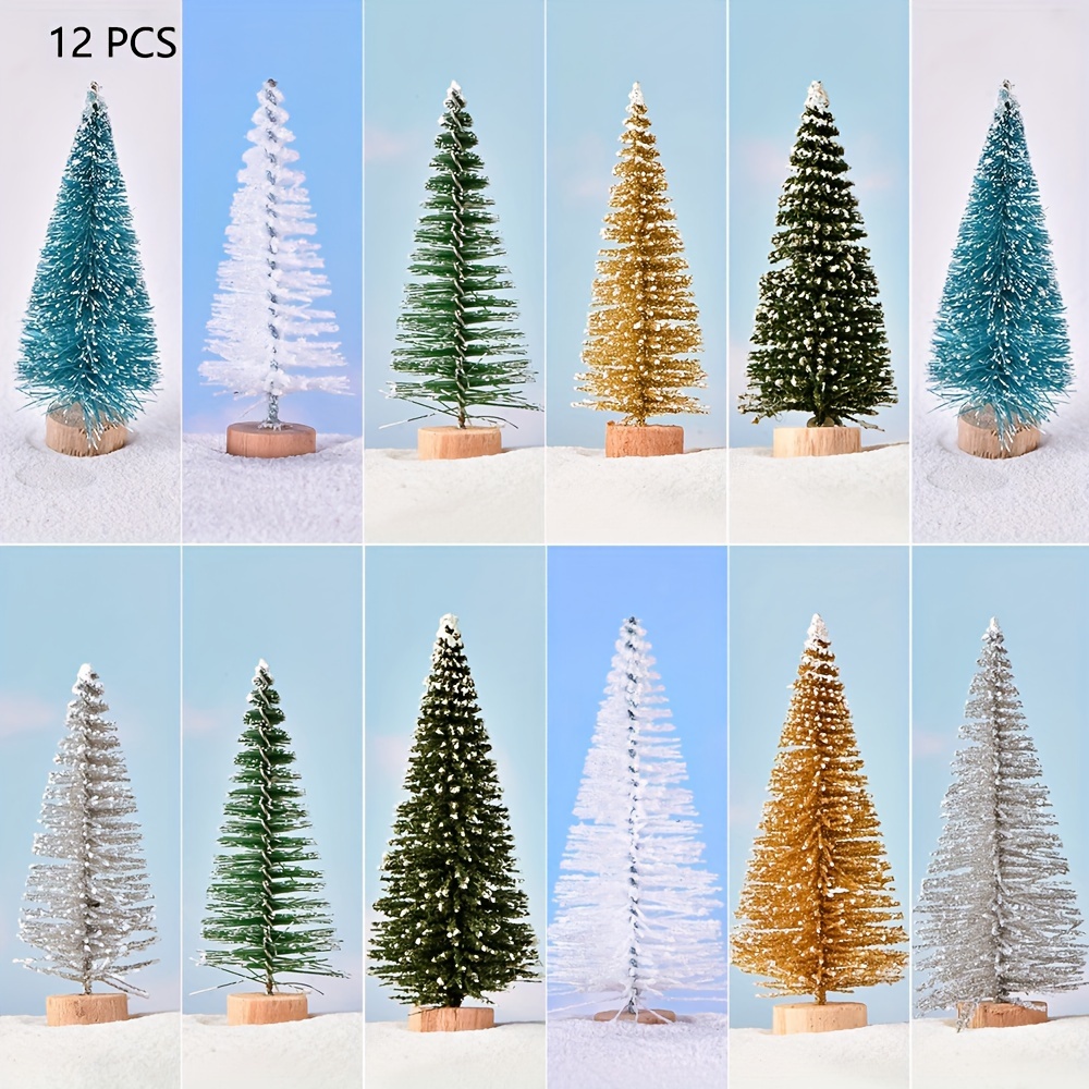 Image of 12pcs Christmas Decorations Mini Christmas Trees, Artificial Christmas Tree Bottle Brush Trees With Wooden Base For Christmas Decor Christmas Party Home Table Craft