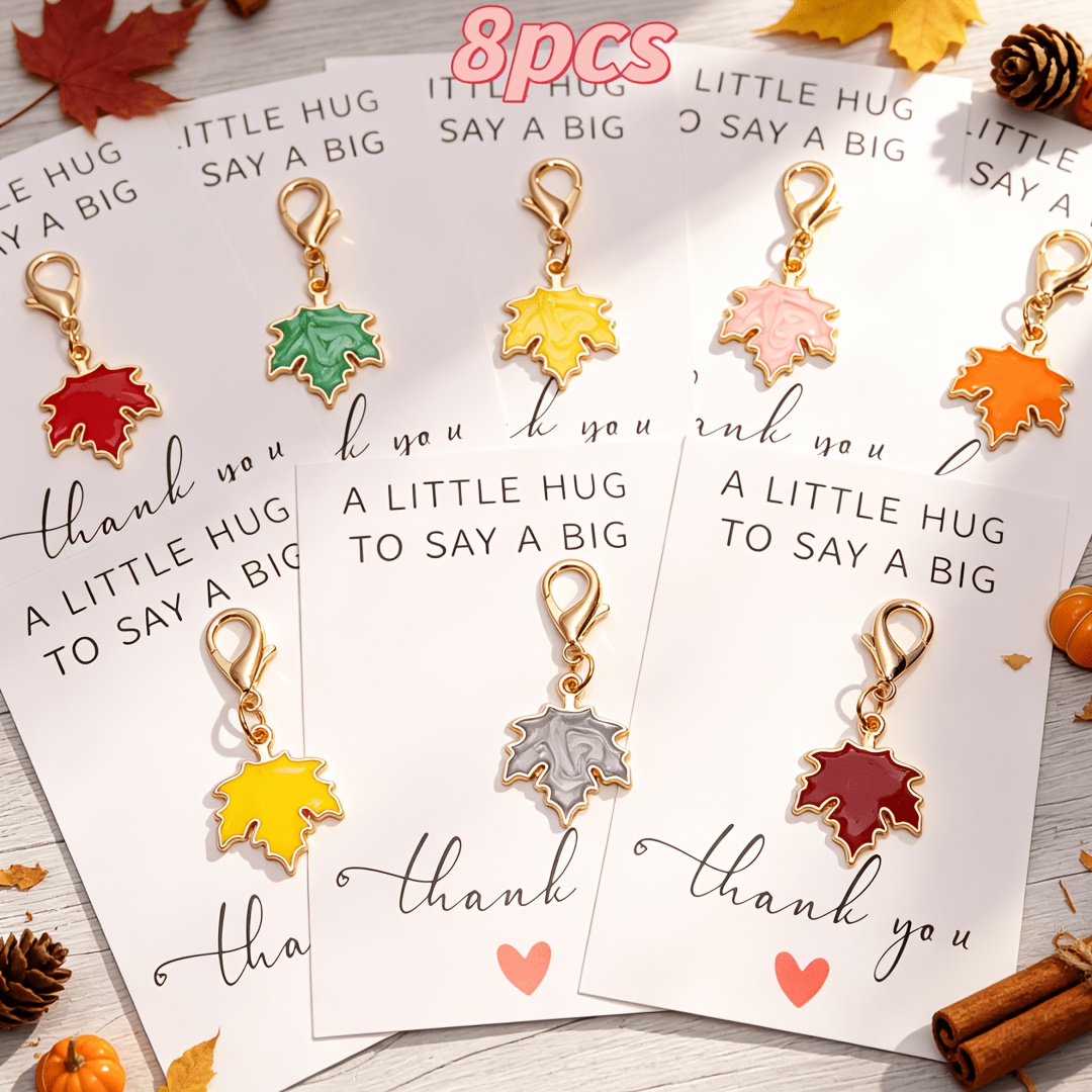 TEMU 8-Ensemble de porte-clés créatifs avec pendentif feuille d'érable, petits cadeaux créatifs, avec carte de remerciement, Halloween Thanksgiving,