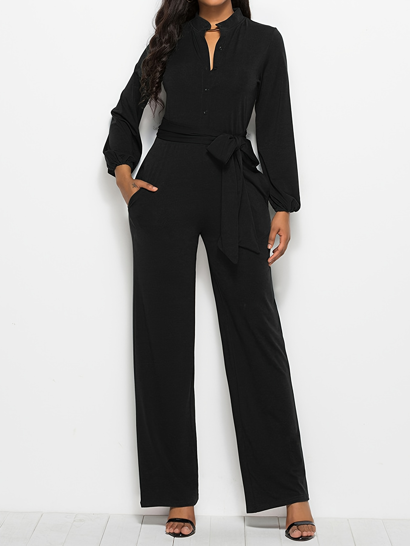 womens wide leg jumpsuit pants elegant long sleeve stand Temu