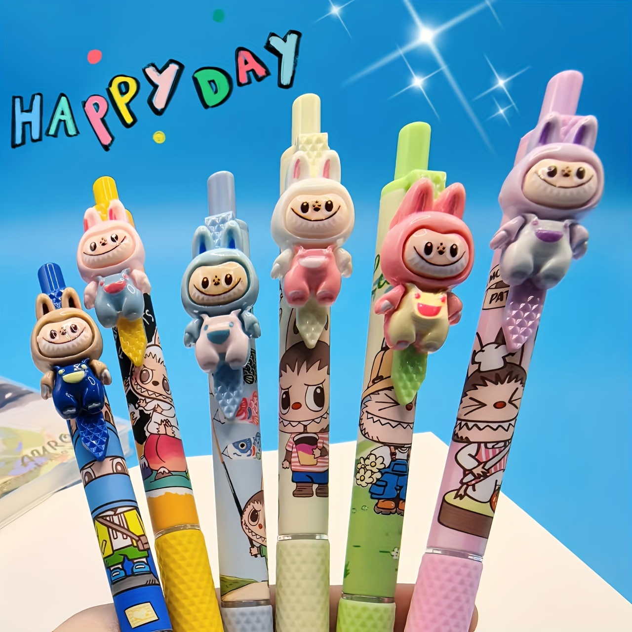 

6pcs Labubu Click Pens, Black Quick-dry Ink, Cartoon Overalls Design, Random Colors, Plastic, Ballpoint, Neutral Point, Office Supplies