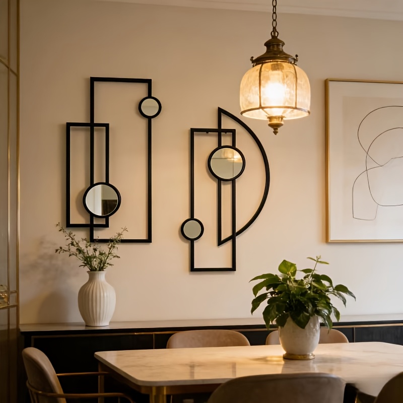 TEMU 2pcs Metal Abstract Wall , Modern Geometric Decor Black Metal Wall Decor Mirror Modern Abstract Minimalist Geometric Aesthetic Wall Art Living