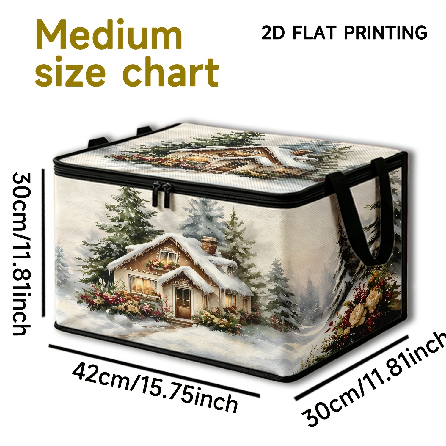TEMU 1pc Winter Snow Scene Cabin Watercolor Print Large-capacity Soft Fabric Storage Box, Featuring A Beautiful Winter Pattern Of Snowy Pine Forests,