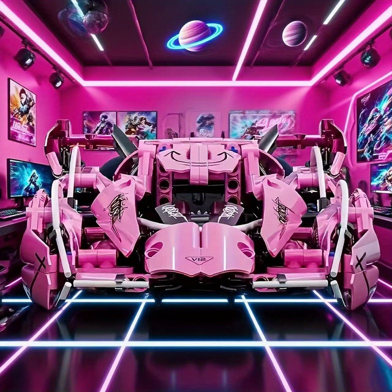 1356pcs Pink Sports Car Model -   Racing Car with Red Accents, Easy Assembly & Operation,   Birthdays, Christmas, Halloween Gifts, and Collectible Display, Collectible Car Model, Detailed  