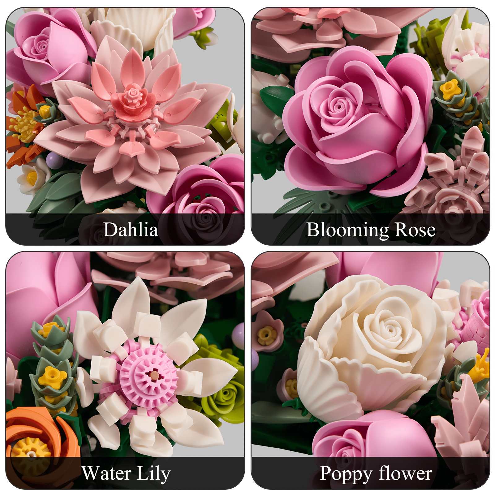 Pink Moon Flower Building Set, Dahlia Rose Bouquet Gift