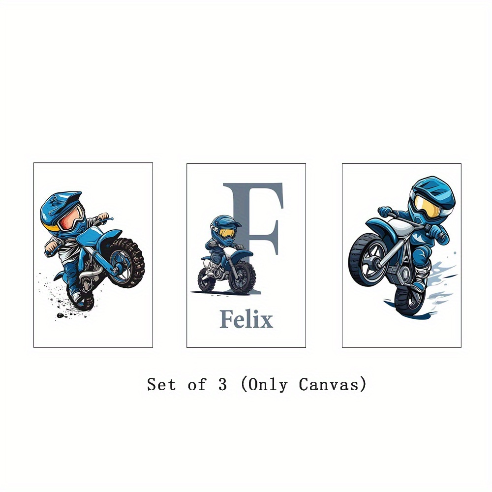 TEMU 2d Flat, 2d Flat, Set Of 3 Personalized Cool Motorcycle Decoration Paintings With Custom Name Canvas Printing Mural, Suitable For Decorating