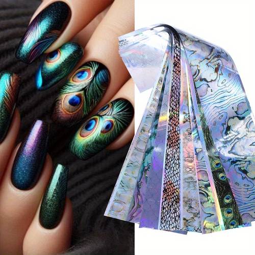 10pcs pack holographic laser nail transfer foil sticker abalone shell light crocodile peacock print nail foil slider decals diy