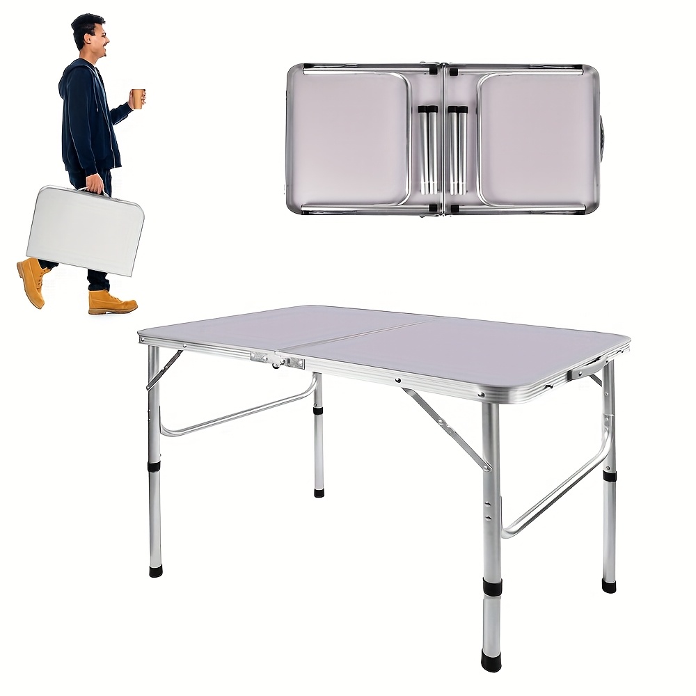 TEMU 3ft Folding Camping Picnic Table Aluminum Lightweight Portable Work Desk For Wedding Garden Indoor Outdoor With Handle, Adjust Height - 37/67cm,