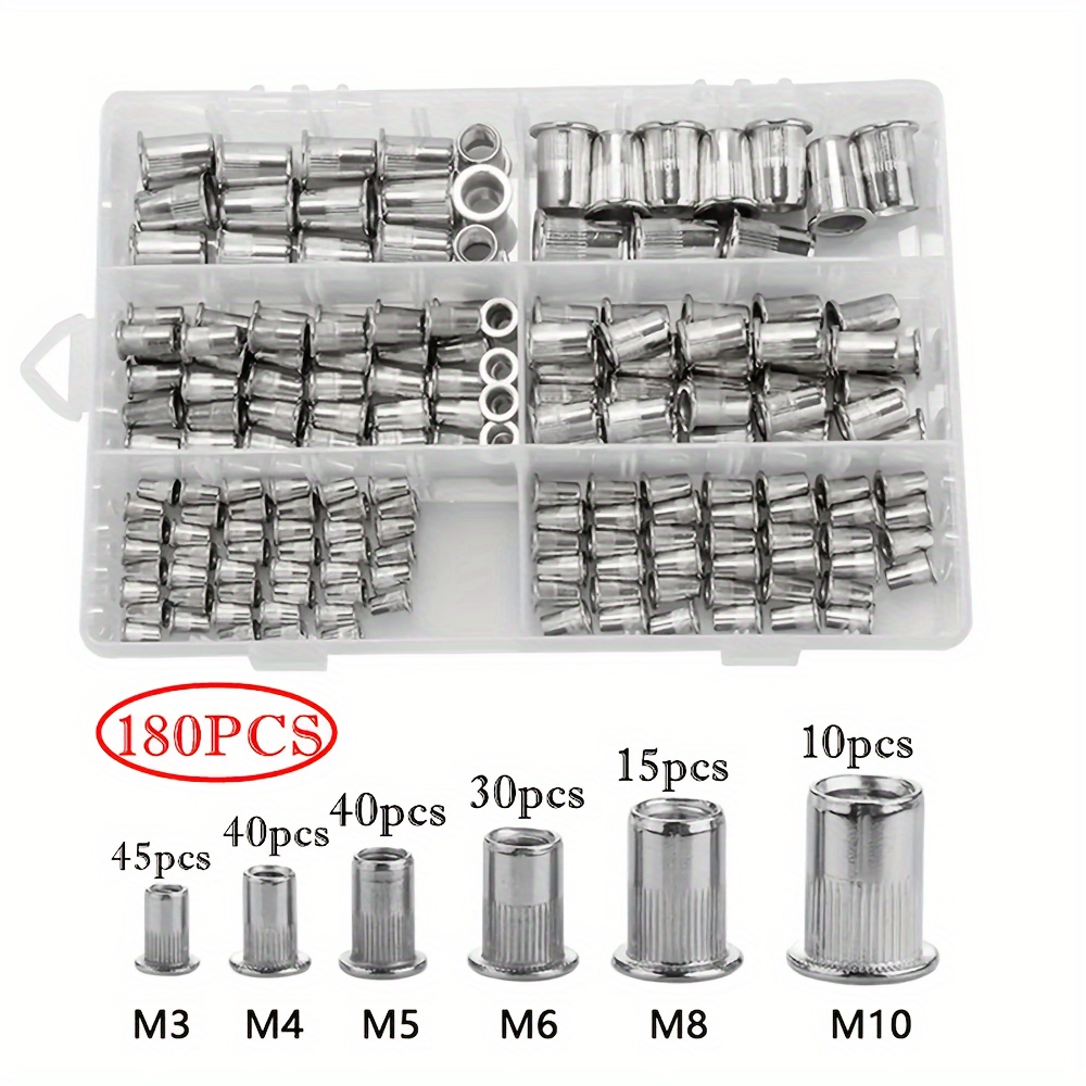 TEMU 180pcs Stainless Steel Nutserts Set, M3-m10, Flat Threaded Inserts, Durable Hardware For , Furniture Repair, -hand Thread, Thread Coverage