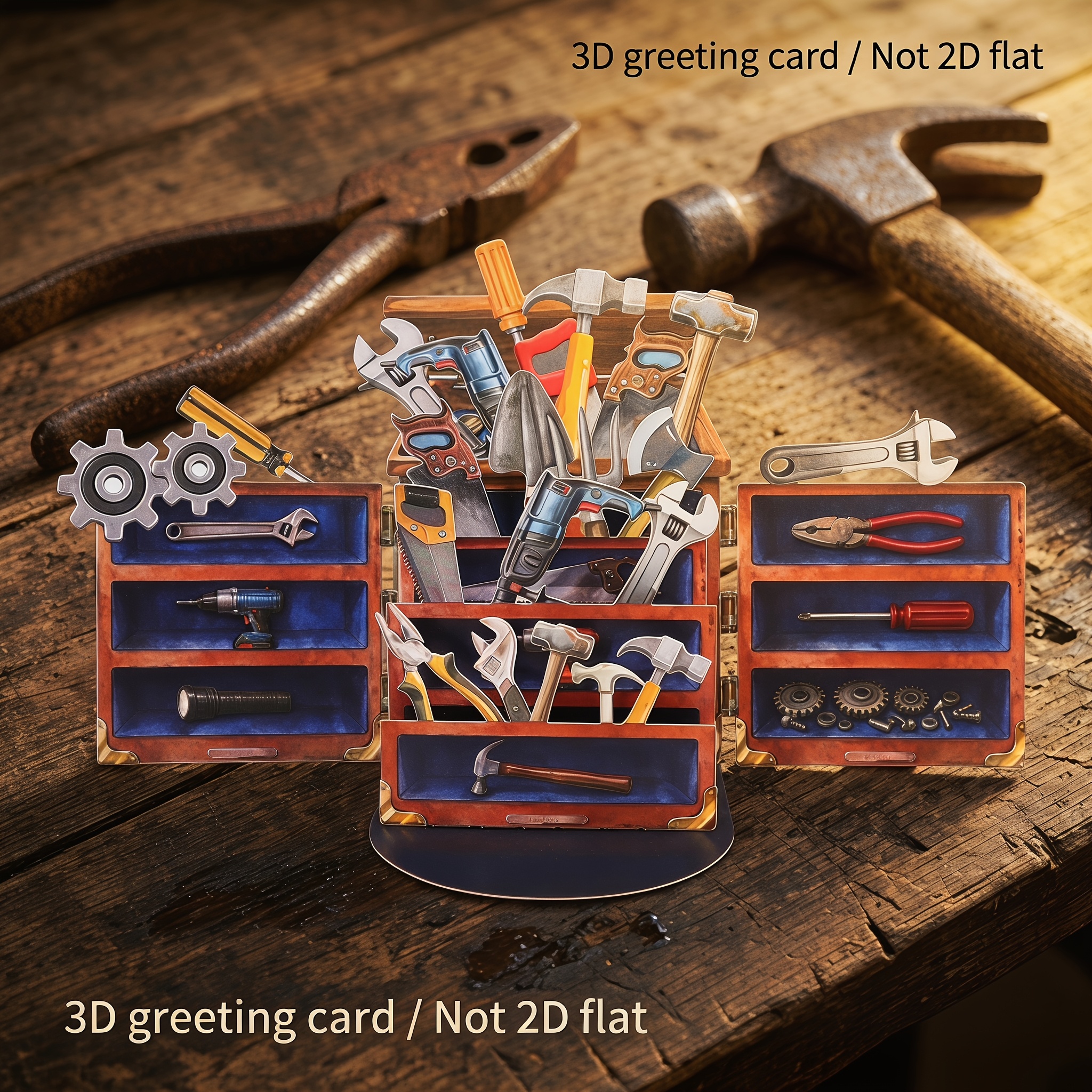 TEMU Carte de vœux 3D pop-up boîte à outils vintage, à avec une finition vieillie, présentant des de mini-outils à . Convient pour la fête des Pères,
