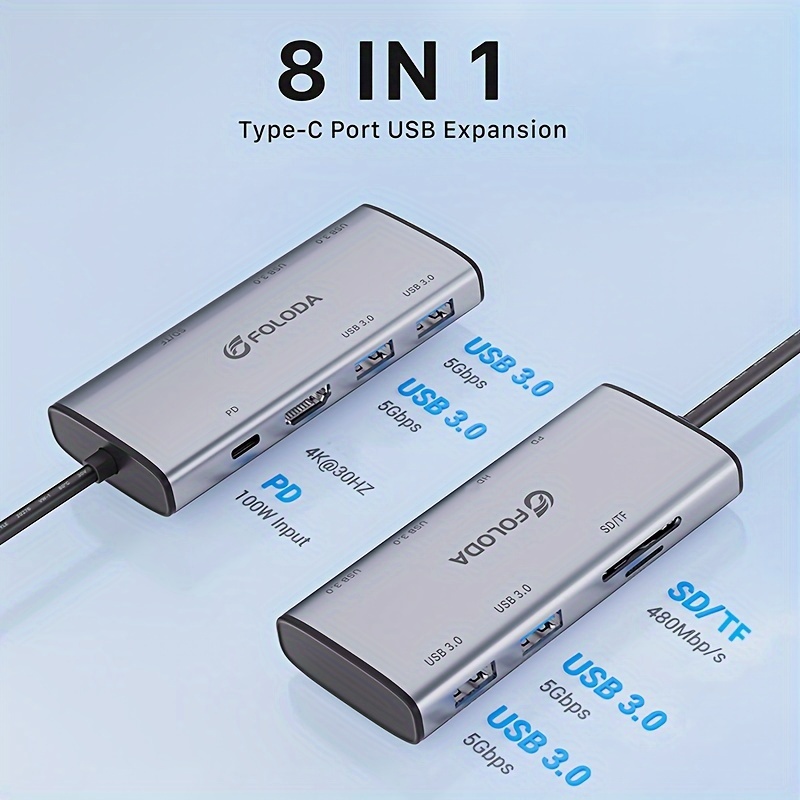 USB Cハブ 8イン1ドッキングステーション 4K 100W充電 4 USB A 5Gbps