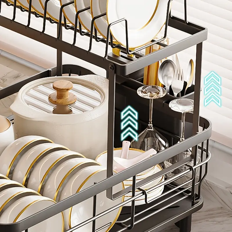 dish dryingrack rotatable drain spout 2tier dish drainer with utensil holder large dish drying rack dish rack with chopstick holder multifunctional dish rack for kitchen counter Product details 3