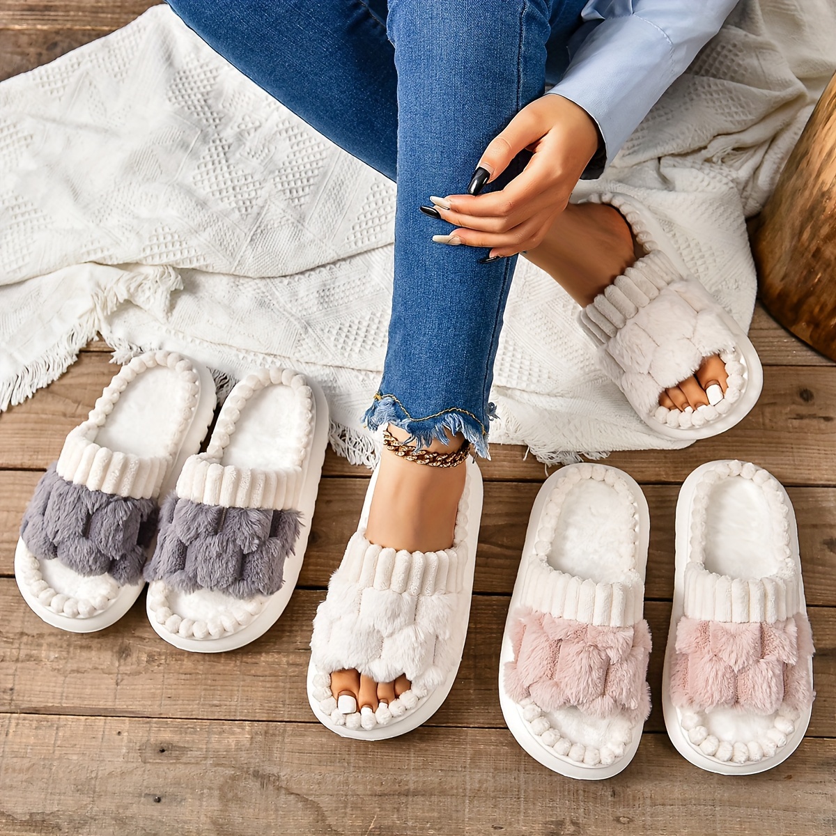 

Honeycomb Plush Slippers For Women, Cozy & Warm Soft Sole Open Toe Shoes, Comfortable Indoor Slippers