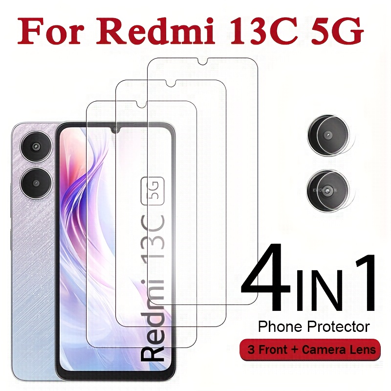 E-shop (3+1) Stück für Redmi 13C 5G Vollständig Abgedecktes Schutzglas 4 in 1 Displayschutzfolie Geeignet für Redmi 13C 5G Objektivfolie 3 Stück