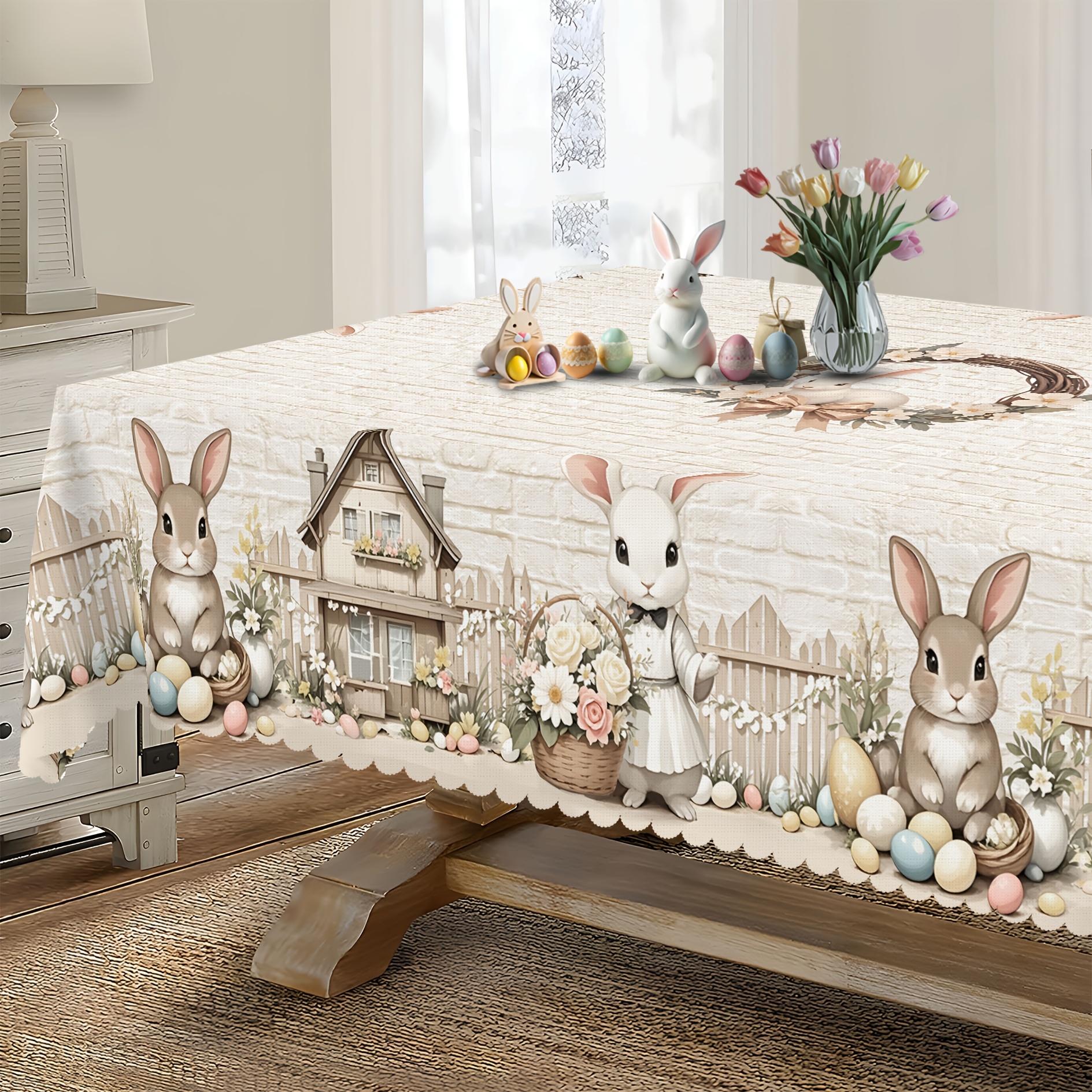 1pc premium spring floral easter tablecloth with bunny egg decoration rustic farmhouse style polyester round and rectangular options ideal for kitchen dining outdoor picnics holiday parties and dinner decor floral tablecloth spring farmhouse