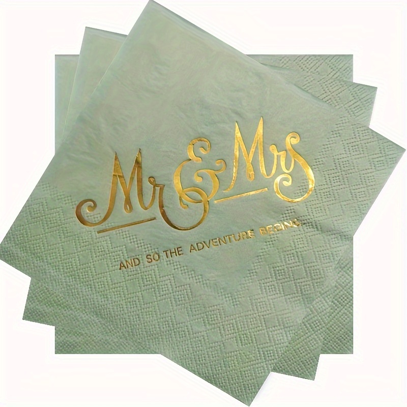 

Mr & Mrs Elegant Wedding Napkins - 2-ply Disposable Paper Napkins For Bridal Shower, Reception, Marriage Celebration, Adventure Begins Theme - Pack Of 20