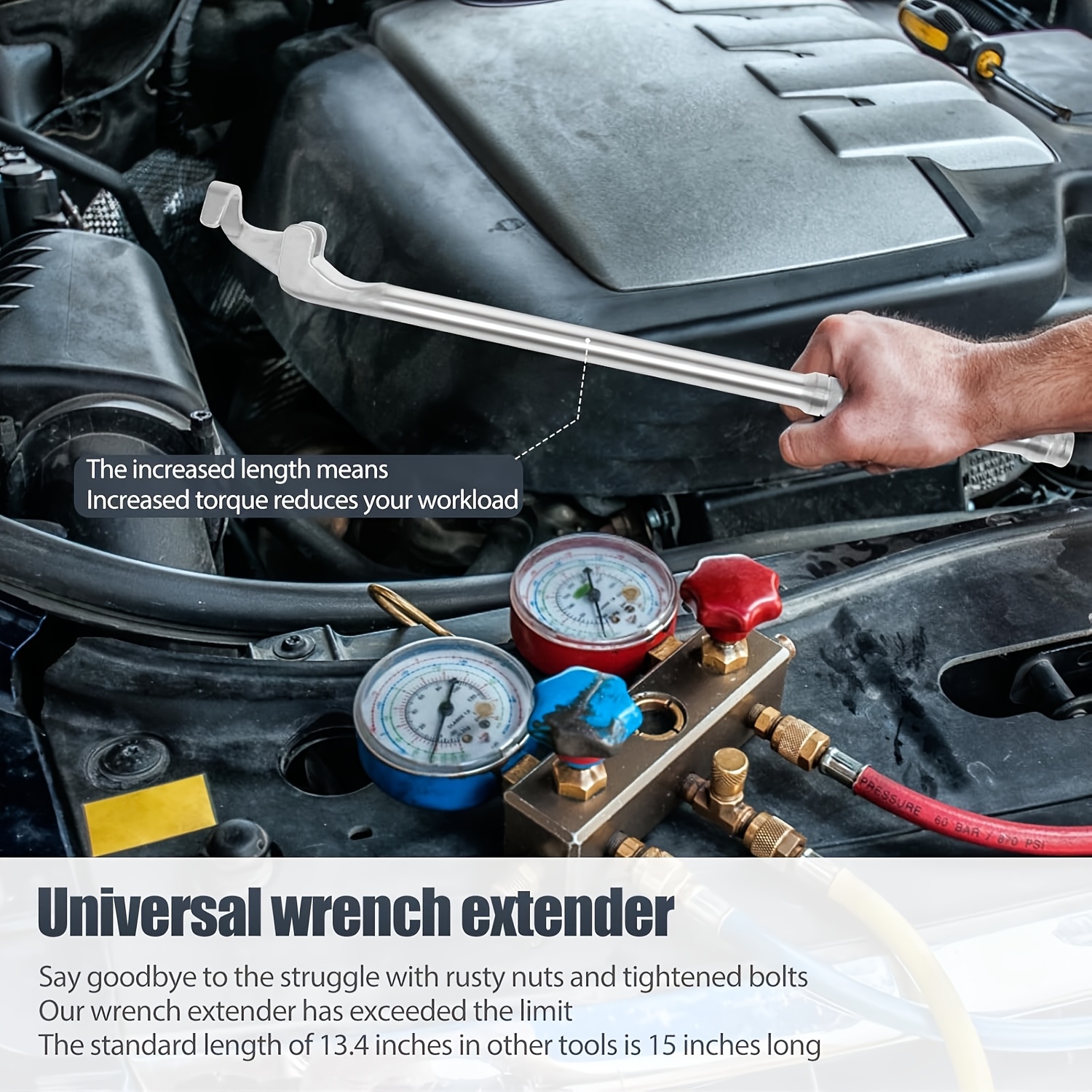 

Universal Wrench Extender, Carbon Steel Drop Breaker Bar, Ergonomic Handle Extension, 15-inch Length For Increased Torque With Adaptor For