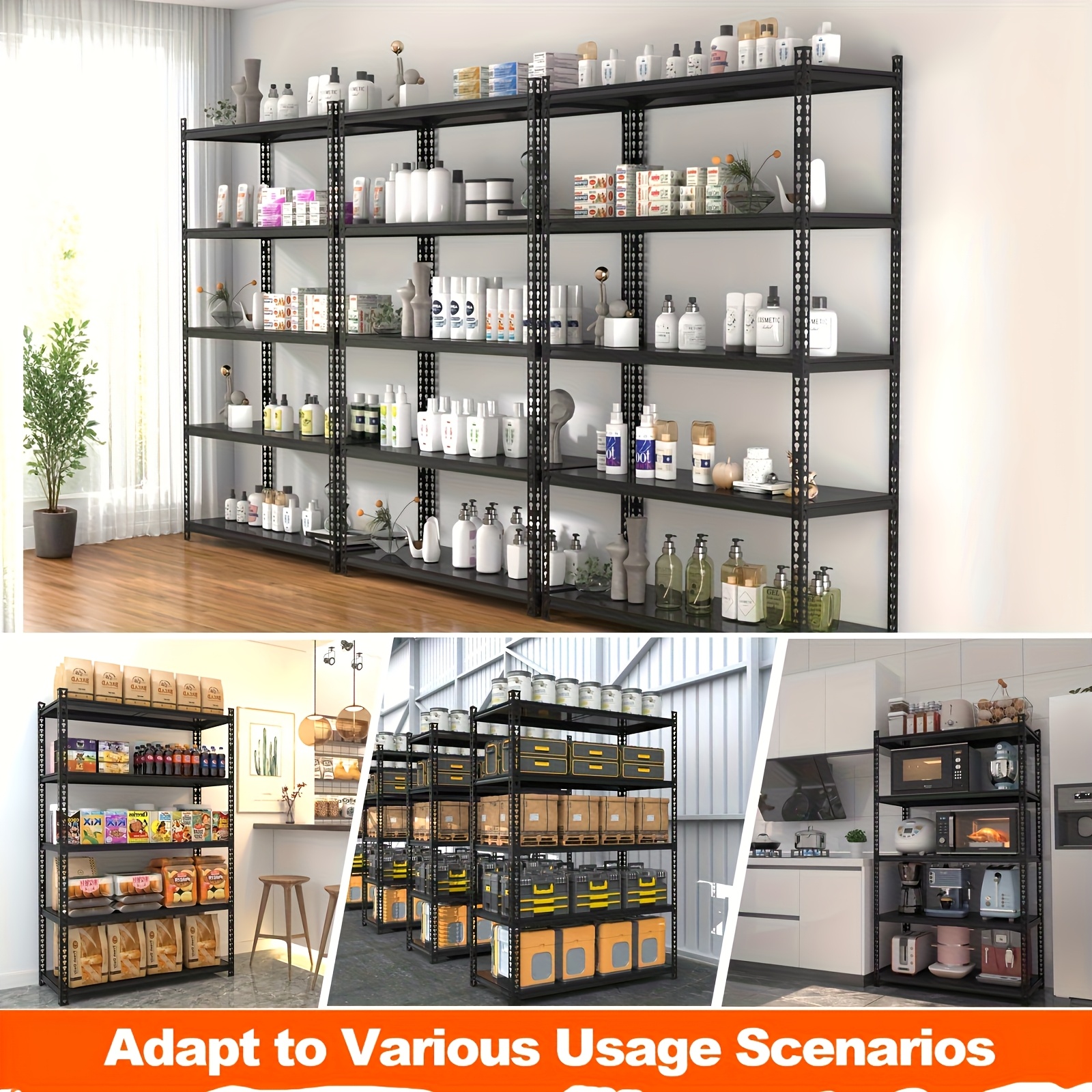 Sturdy 5-Shelf Metal Storage Unit with a Weight Limit of 2000 Pounds - Available in Heights of 60 Or 72 Inches, Adjustable, Suitable for Garage, Warehouse, Basement, And Home Areas Like Kitchen, Pantry, Or Living Room, in Black, Utility Shelves