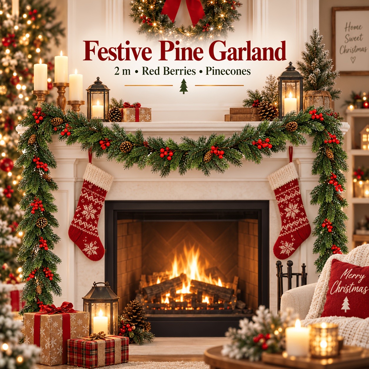 TEMU 1pc Artificial Christmas Pine Tree Garland, 2 Meters, A-type Design, Equipped With Red Berries, Wires, Suitable For Indoor And Outdoor Christmas