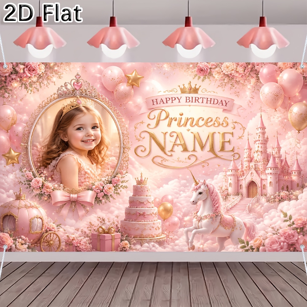 TEMU 2d Flat, [2d Plat] 1pc Party Banner Customizable Name And Pink Romantic Unicorn Castle Princess Themed Happy Birthday Party Backdrop Decoration