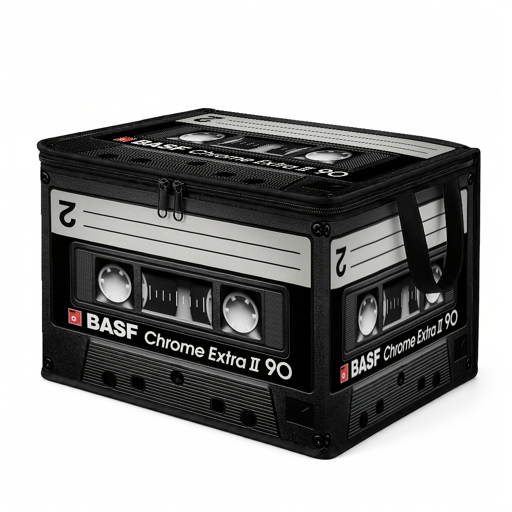 TEMU 1pc Retro Audio Photography Soft And Foldable Storage Bin With Lid Black Vintage Cassette Tape Suitable For Pet Supplies, Bedroom Closet,