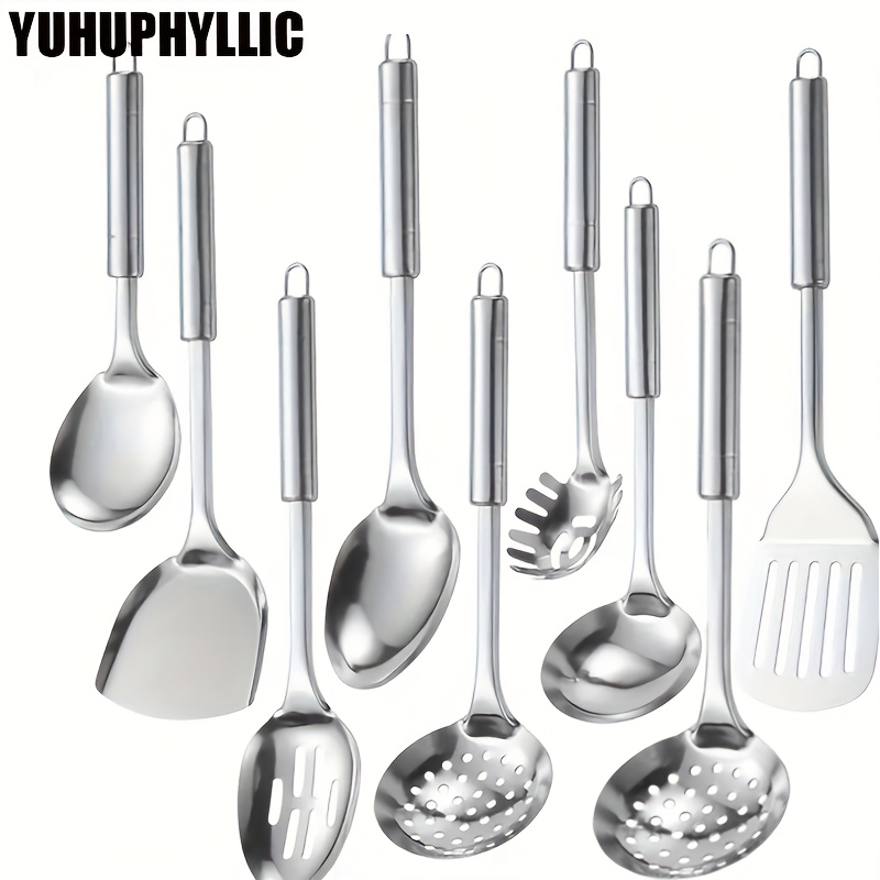 

Set Of 9 Yuhuphyllic Stainless Steel Kitchen Utensils With Heat-resistant Spoon And Spatula With Hanging Hole Handle, Essential Heat-resistant Kitchen Tools And Golden Kitchen Gadgets (silvery)