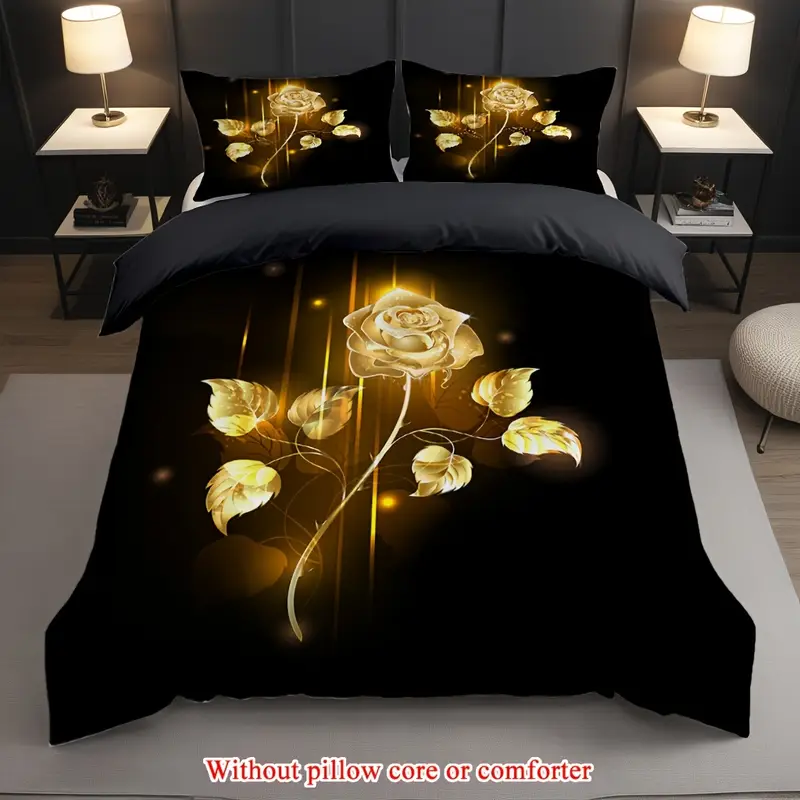 2 3pcs 1 duvet cover 1 2 pillowcase without core golden rose flowers romantic valentines day branch flower garden couple print soft comfortable bedding set for bedroom dorm room family gift Product details 3