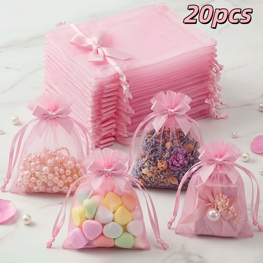TEMU Lot de 20 sacs en organza tendance 10x15cm (3,94x5,91in) avec nœuds en ruban - Rose, , Violet, Doré - Convient pour bijoux, cadeaux de fête, ,