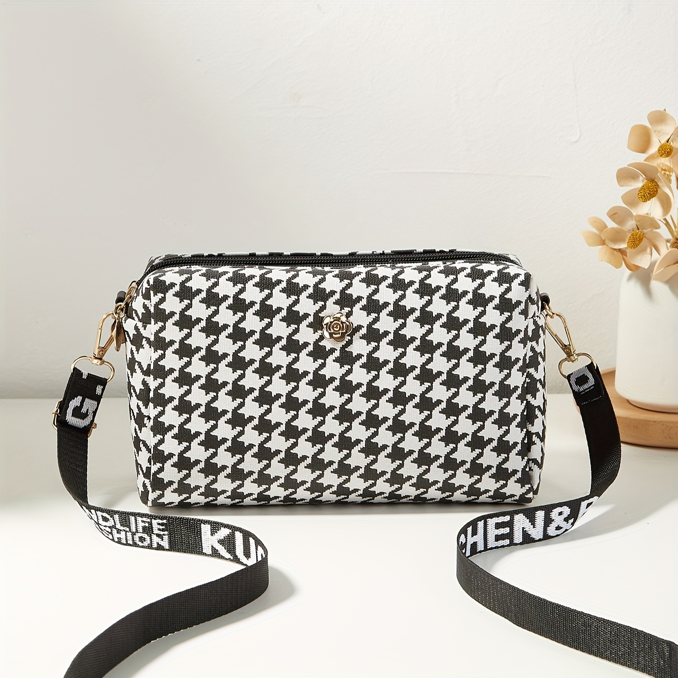 

Houndstooth Print Crossbody Bag, Mini Letter Strap Shoulder Bag, Casual Style Zipper Handbag, Purse For Women