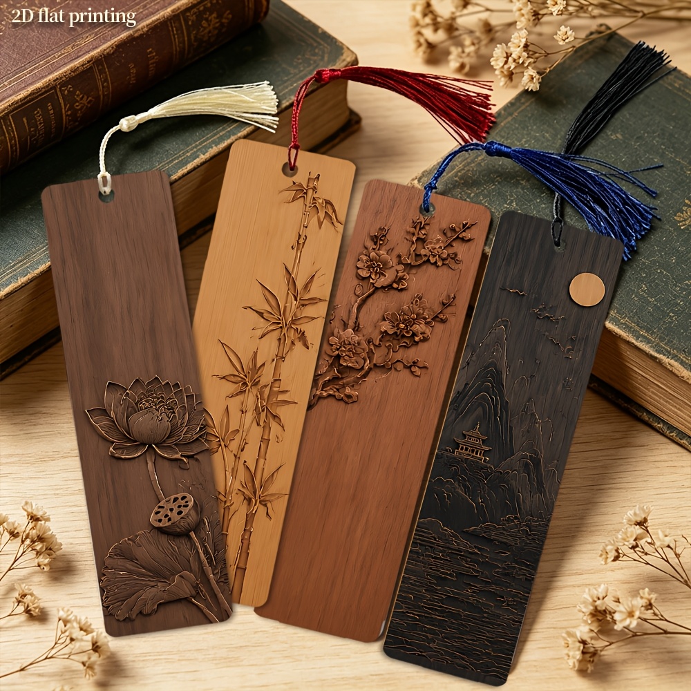 TEMU For Lotus, Bamboo, And Landscape Pattern Tassel Bookmark Set, Tassel Color Random, 5.9×1.57 Inch, 4pcs, Durable And Unique, Reading Gift For Art