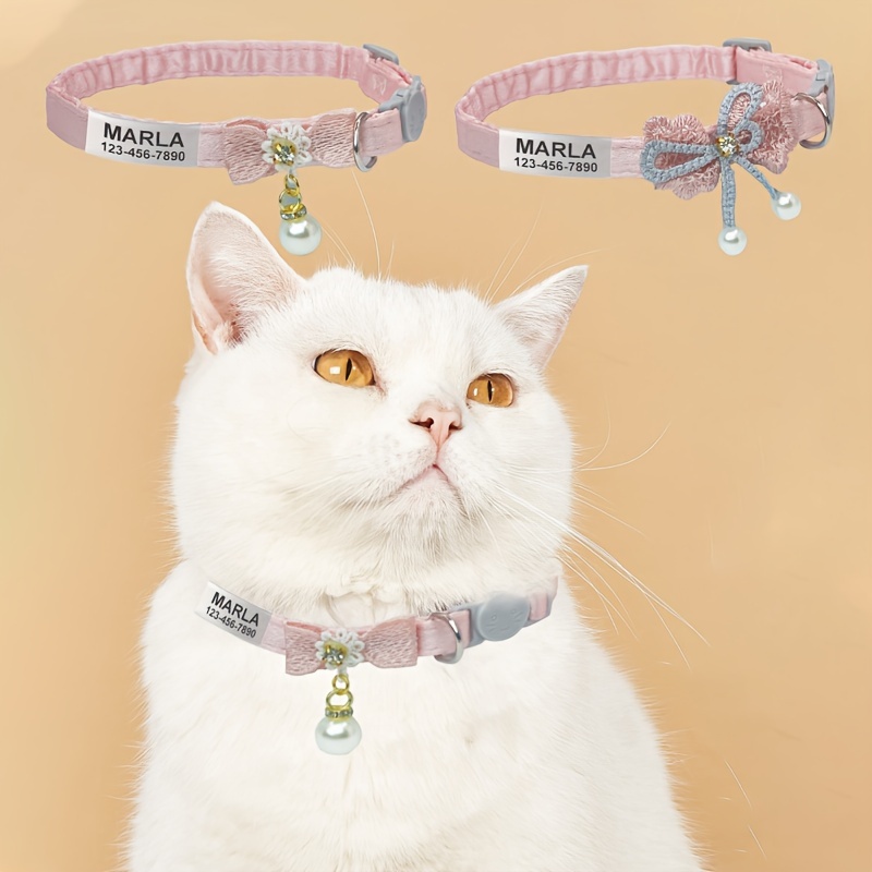 

Personalized Cat Collar With Bow & Faux Pearl Pendant - Adjustable, Anti-choke Design With Cartoon & Custom Engraved Id Tag For , Contact & Address