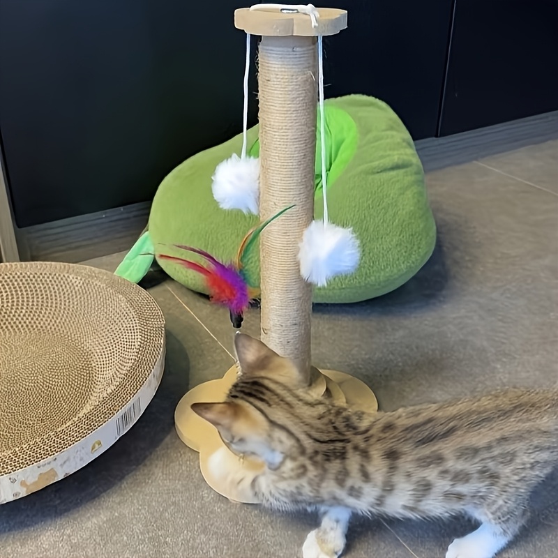 TEMU Wear Resistant Palm Fiber Cat Scratching Column, Multifunctional Interactive Cat Scratching Tower, Integrated Toy With And Cat Teasing Stick,