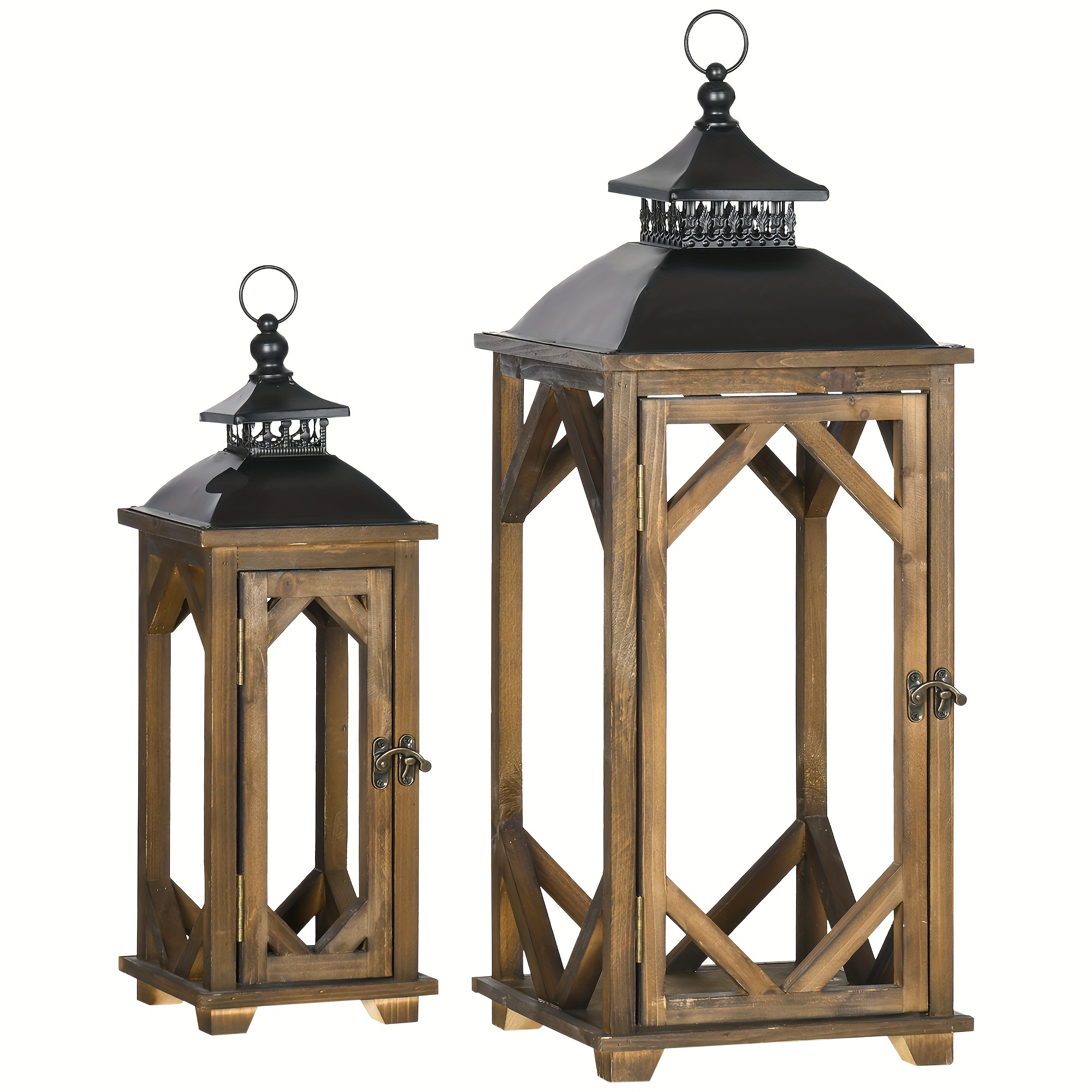 

Homcom 2 Pack 31"/21" Large Rustic Lantern Decorations, Hanging Wooden Metal Indoor Lantern For Home Decor (no Glass), Black And Dark Wood Color