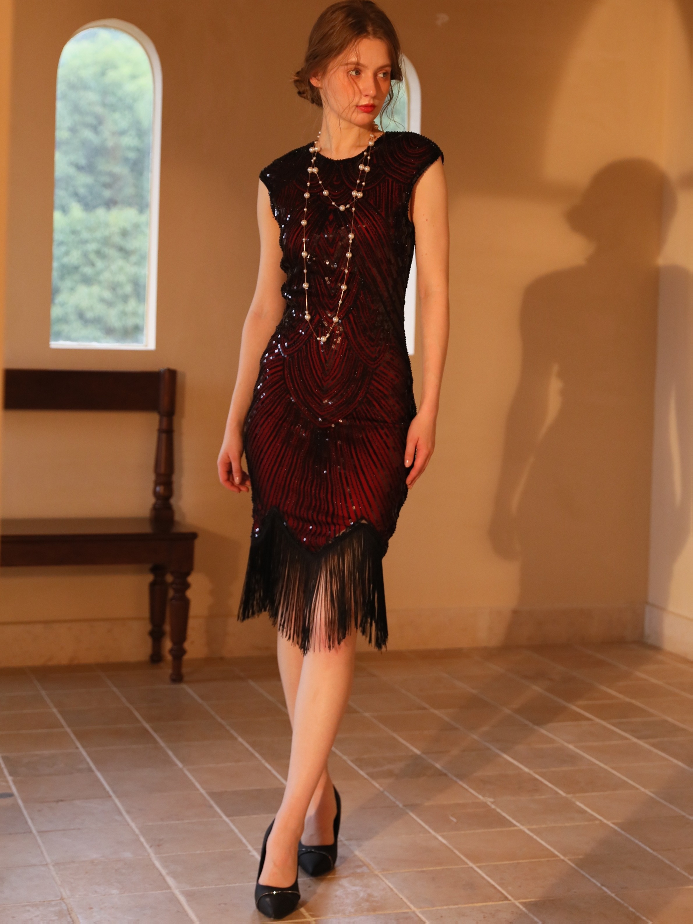 1920s vintage womens dress sequin fringe details black